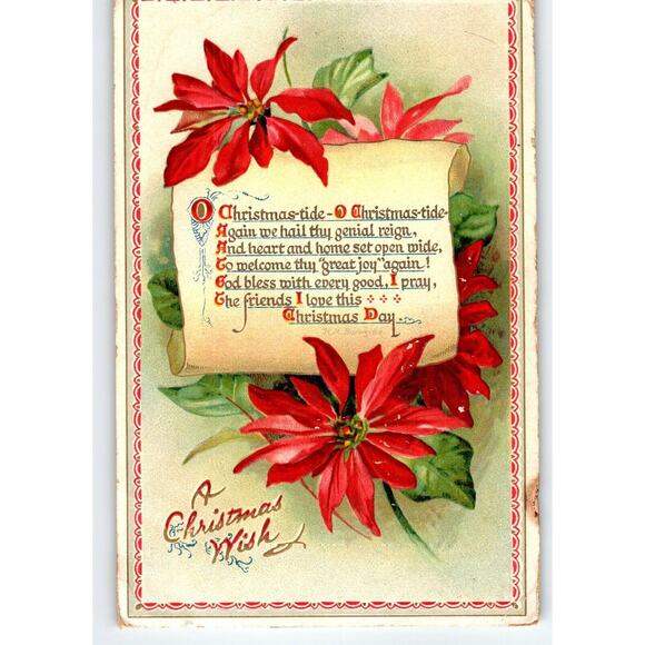 Merry Christmas Postcard Tucks Poinsettias Embossed Series 523 H.M Burnside 1911 - Picture 1 of 2